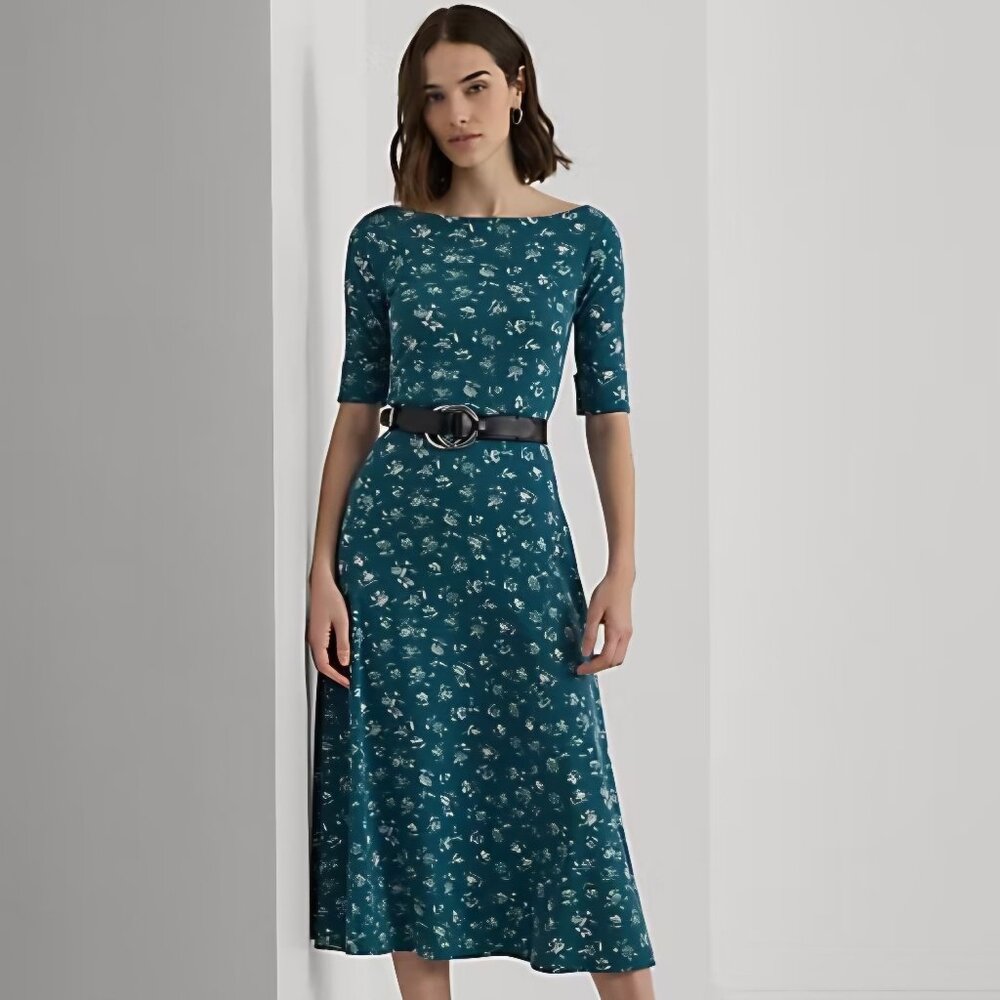 Lauren Ralph Lauren Floral Stretch Cotton Midi Dress - Blue Multi - Size M
